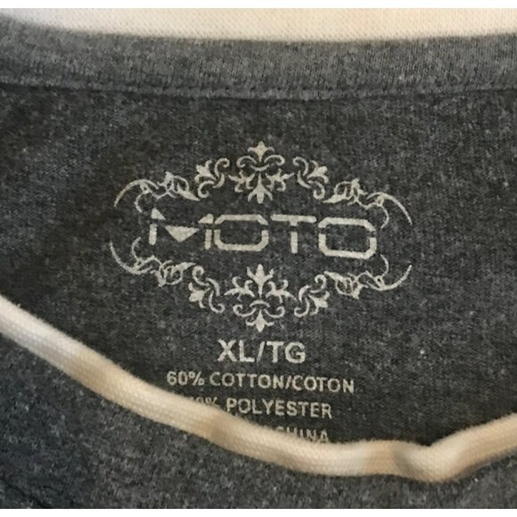 Moto Mens XL Grey Graphic Long Sleeve Crew Neck T Shirt White Trim - Picture 2 of 5